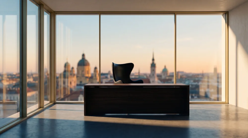 Ruhiger, minimalistischer Arbeitsplatz in einem Obergeschoss mit Blick über eine deutsche Altstadt im Abendlicht