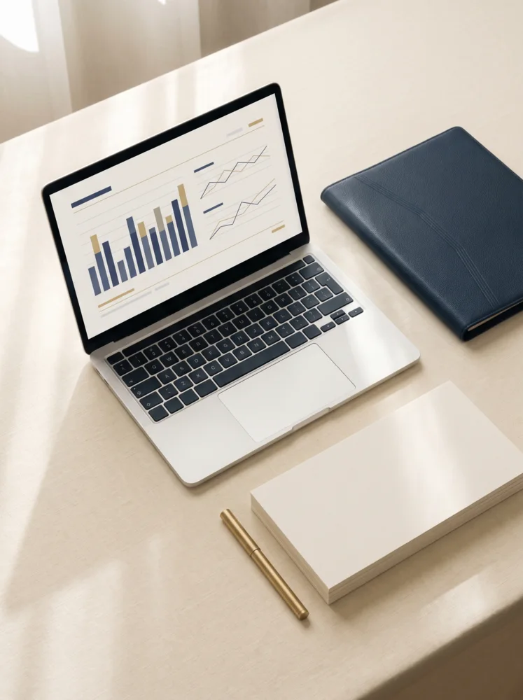 Aufgeräumter Schreibtisch mit Notebook, Lohn-Dashboard, marineblauer Mappe und Messingstift