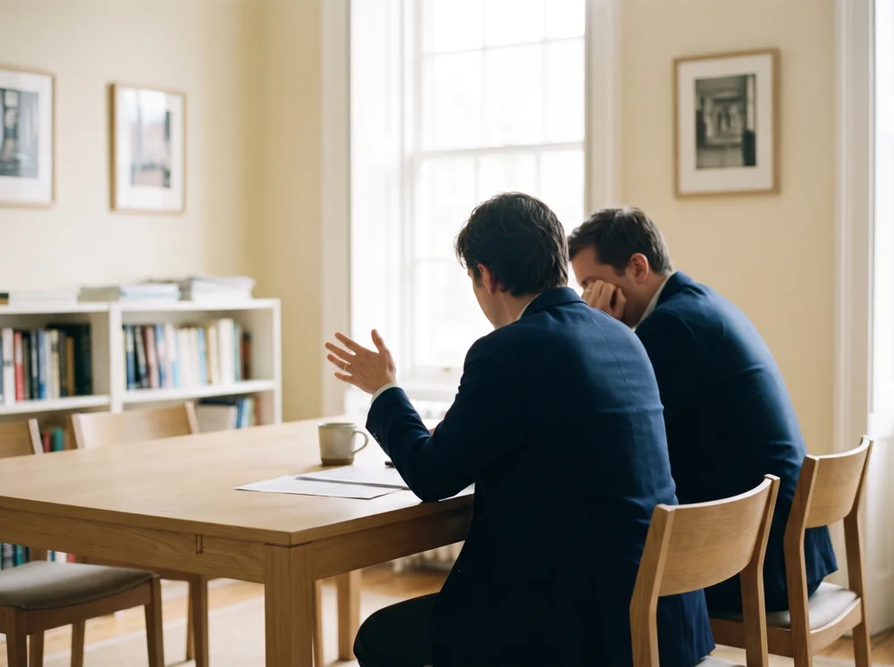 Zwei Personen im Gespräch an einem hellen Besprechungstisch